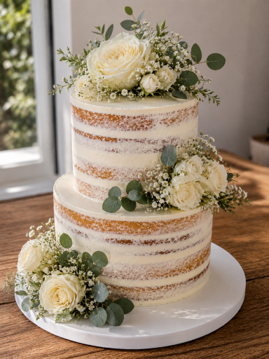 semi-naked-wedding-cake-essex-roses-eucalyptus Semi-naked two-tier wedding cake with buttercream, white roses and eucalyptus greenery