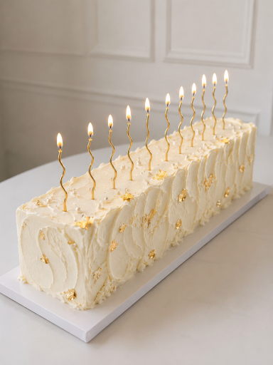 A modern long wedding cake with gold candles A contemporary long wedding cake with soft buttercream texture, gold leaf details and statement gold candles.