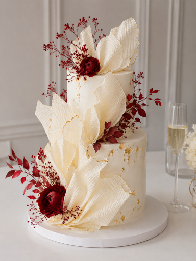 Fondant details wedding cake with red accents A two-tier wedding cake featuring fondant detailing, red flowers and gold accents. A modern and elegant design perfect for contemporary